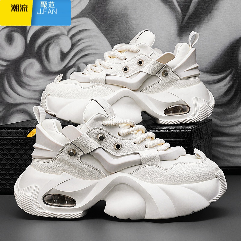 聚范网红男鞋夏季透气运动休闲青少年跑步气垫厚底增高小白老爹鞋高清大图