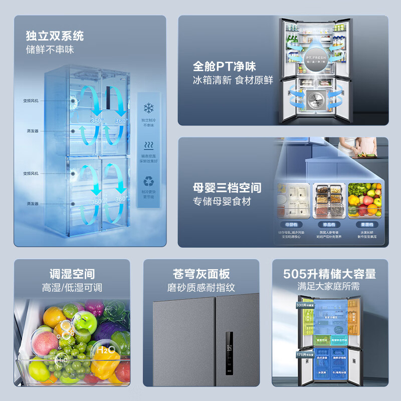 美的(Midea)505升双系统双循环风冷无霜对开十字四门家用电冰箱一级能效变频大容量 MR-531WSPZE苍穹灰高清大图