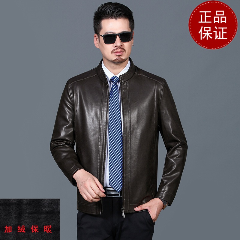 免费试穿海宁真皮皮衣男士外套2021秋款绵羊皮机车男装外套立领中年皮夹克2021冬装新款_741 180/92A 深棕加绒
