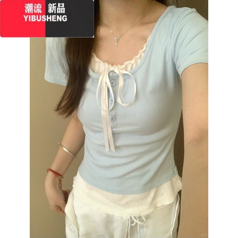 YIBUSHENG蓝色短袖正肩t恤女蝴蝶结2024季新款修身显瘦收腰短款好看上袖高清大图
