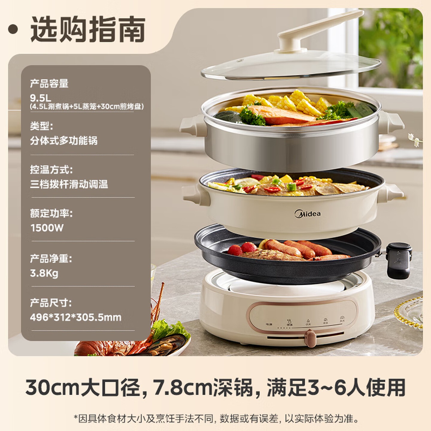 美的(Midea)【品牌直营】多功能锅 分体式电火锅超速沸烤肉锅一锅多用电煮锅火锅 9.5L