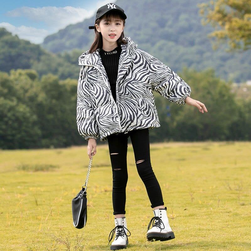 MinanSer童装女童羽绒服冬装2021年冬季新款儿童加厚中大童时髦网红斑马纹白鸭绒连帽外套3-10岁潮冬季新品图片