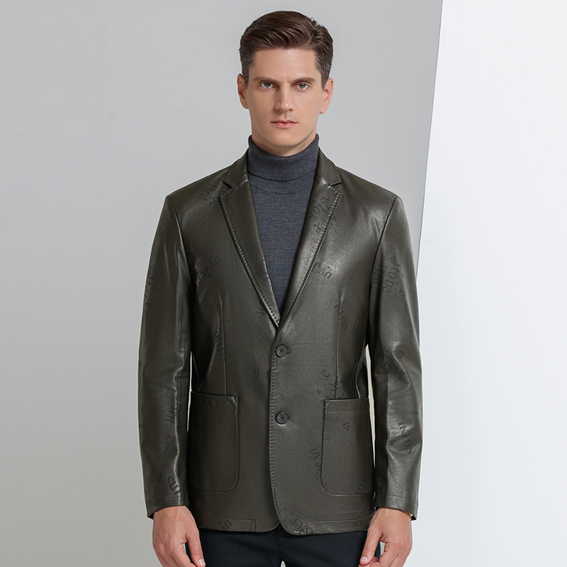 真皮皮衣春秋中年皮西装男士绵羊皮夹克软皮薄新款西服海宁外套潮夹克西装领外套男装梦特娇金利来阿玛尼恒源祥劲霸七匹狼 2105印花雅绿 185XXL