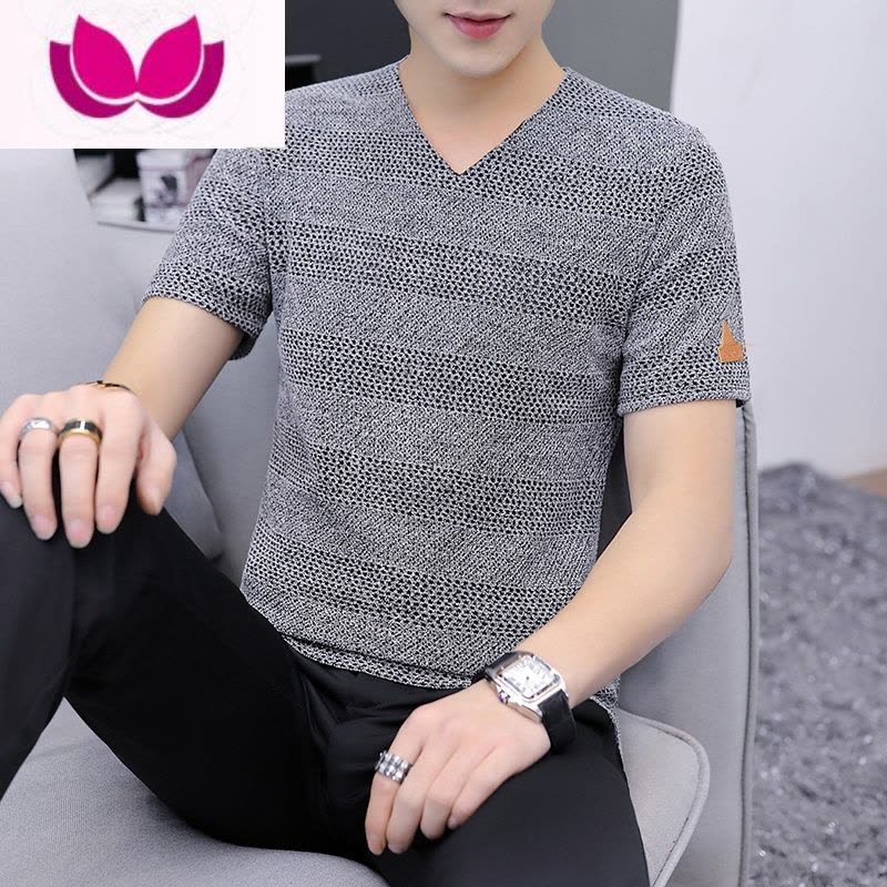 七斓2023夏季新款冰丝镂空男士短袖T恤针织网眼V领半袖小衫薄款体恤潮图片