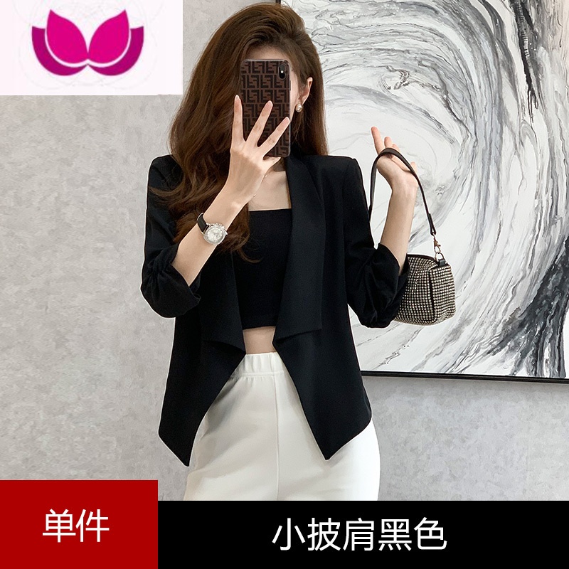 七斓醋酸西装外套女短款百搭时尚开衫洋气设计感小众小个子西服套装裙 3XL(适合129138斤) 黑色西装