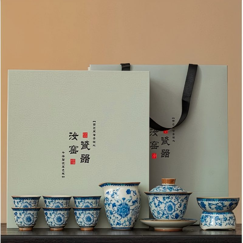 陶鼎軒 青花瓷10头汝窑繁花盖碗套装C28