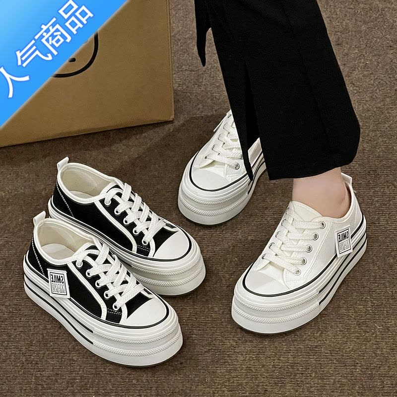 SUNTEK厚底帆布鞋女2023新款夏季松糕鞋百搭增高女鞋运动休闲板鞋小白鞋图片