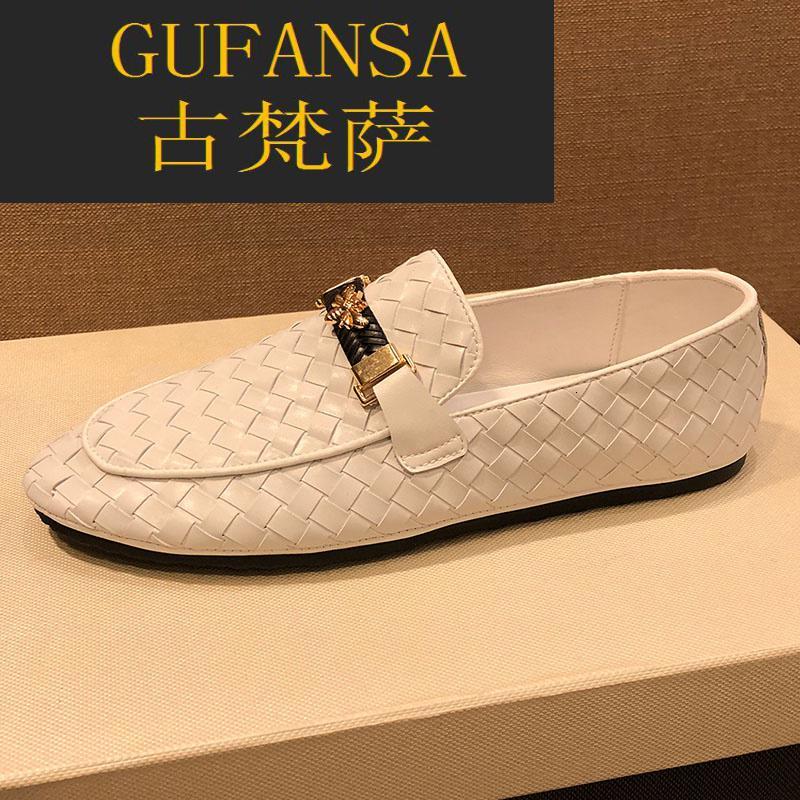 GUFANSA法国奢侈品牌 欧洲上流名士高端品牌2022夏季潮牌小白鞋男士官方奢品小蜜蜂豆豆鞋真皮编织软底懒人鞋