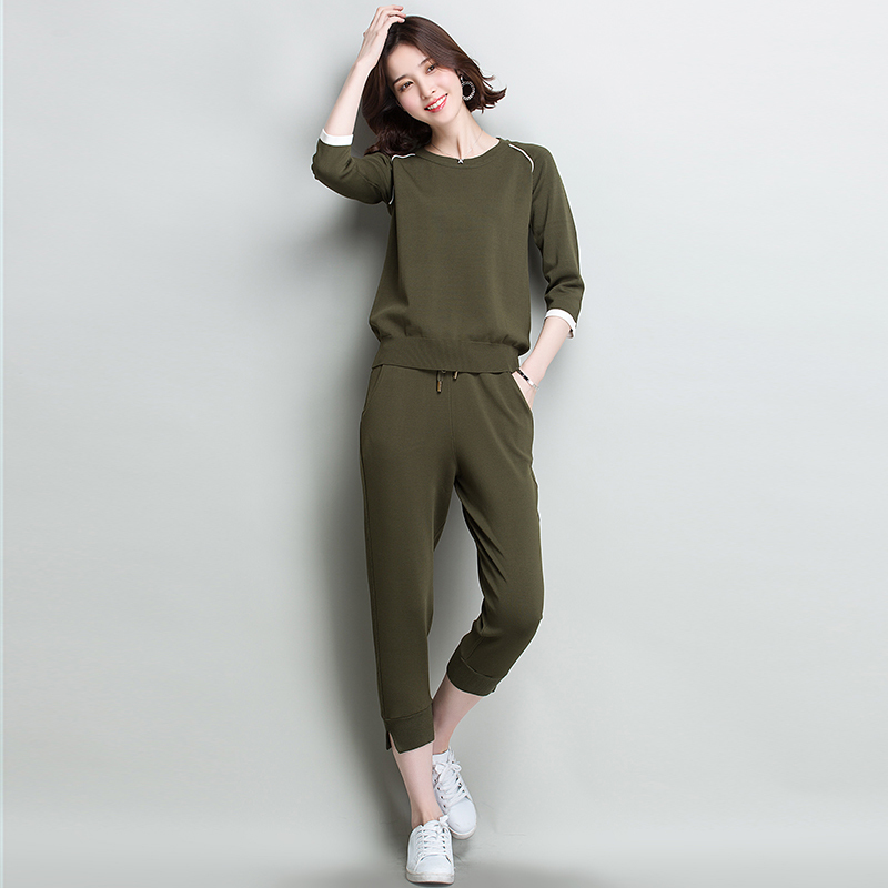 时尚针织套装女2018年秋季新款冰丝运动女装洋气小脚休闲裤两件套