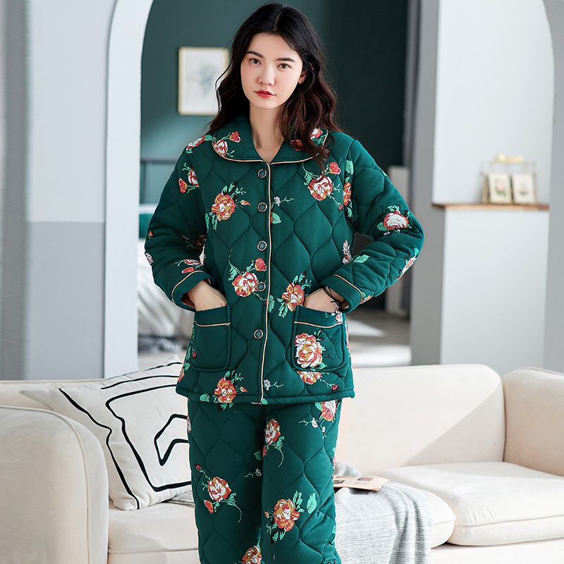 玫薇儿冬季加厚夹棉加肥睡衣女性感胖mm外穿纯棉棉袄家居服宽松棉被