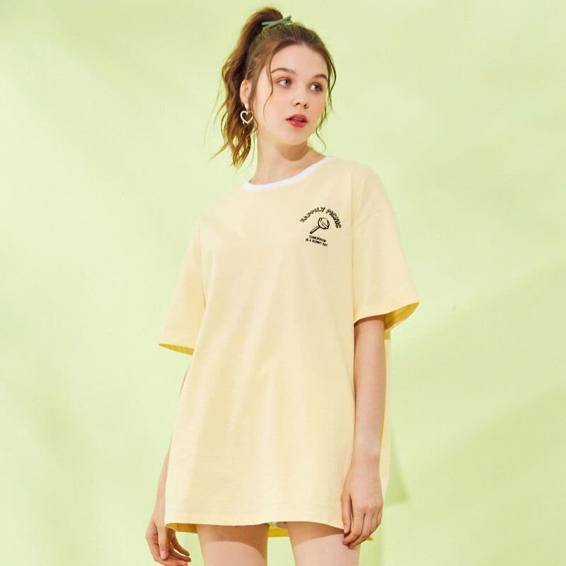 拉夏贝尔大版T恤女短袖夏中长款宽松上衣印花女式T恤图片