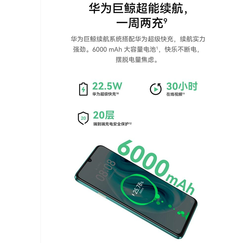 [全新]华为 畅享70 翡冷翠 128GB 5000万高清影像 4G八核处理器 6000mAh大电池 22.5W快充 畅享X键一键直达 鸿蒙智能手机