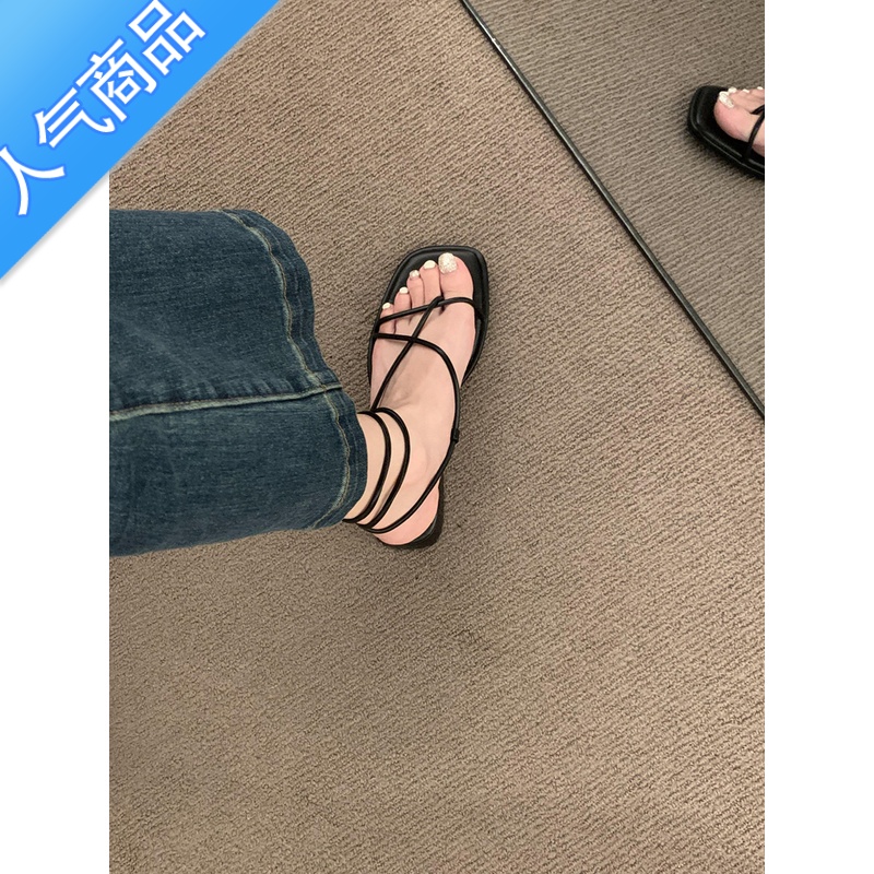 SUNTEK法式高级感细带夹趾罗马鞋2023年新款夏季平底粗跟仙女风绝美凉鞋高清大图