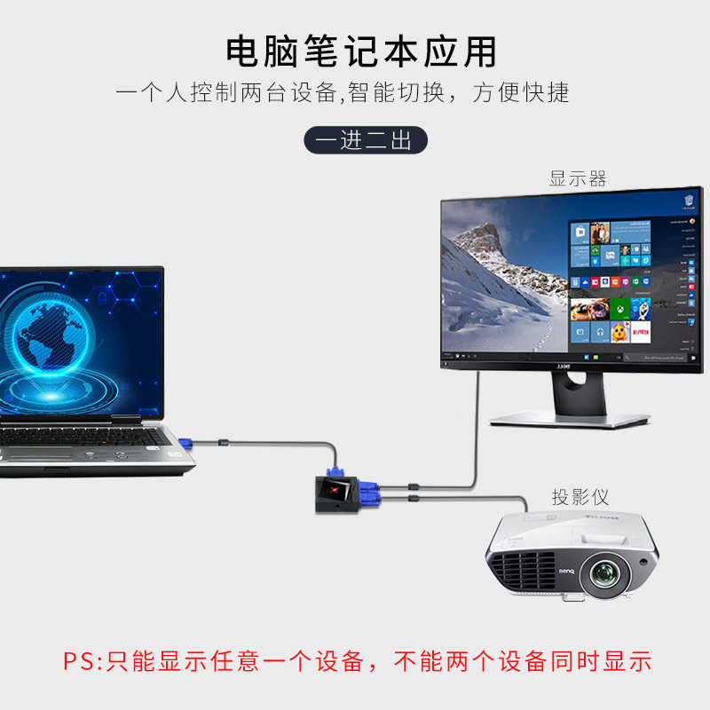 晶华 VGA双向切换器 二进一出1进2出笔记本台式电脑显示器投影仪电子式高清视频分屏器 V201M黑色