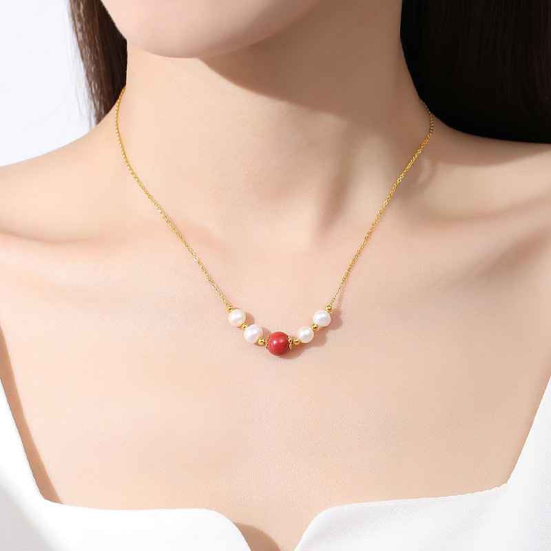 鑫铂尼原创设计s925银红豆项链女款淡水珍珠简约气质时尚首饰节日生日