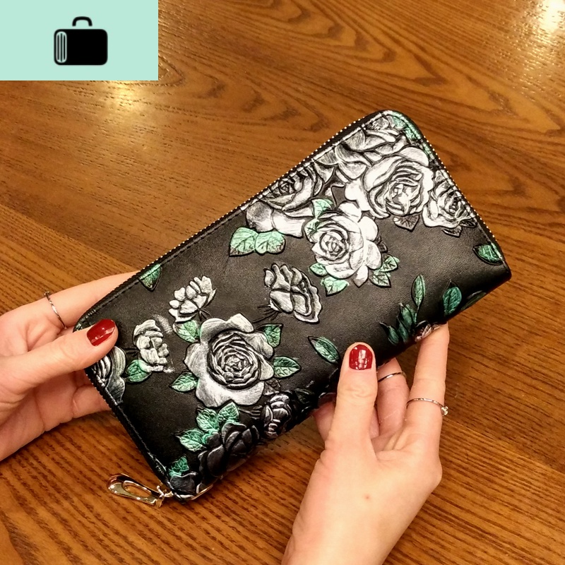 2020新款女士钱包长款拉链钱夹皮多功能皮夹复古大容量女手拿包NEW LAKE 银玫瑰