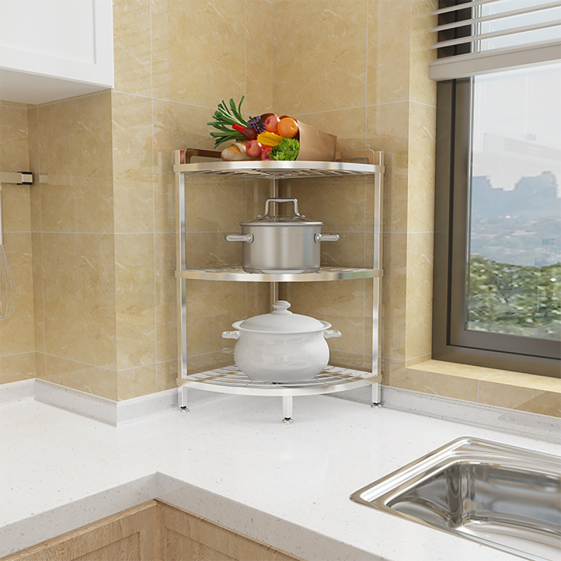 304不锈钢厨房转角架置物架落地三角形多层锅架收纳架子三脚架