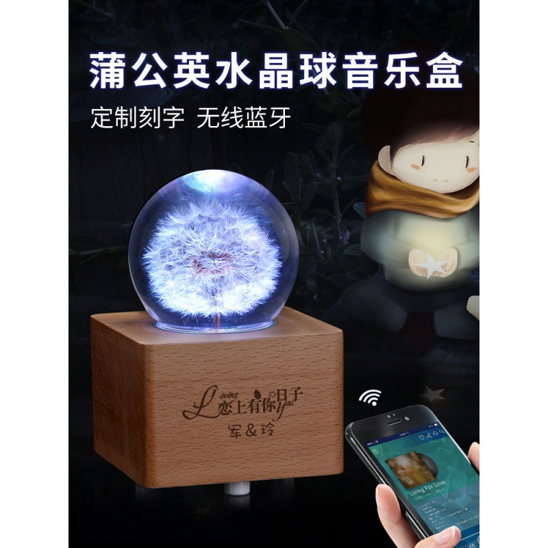 旋转木马音乐盒水晶球八音盒木质定制天空之城生日女生小女孩 三维工匠 不带灯-永生花蒲公英-天空之城(不刻字)