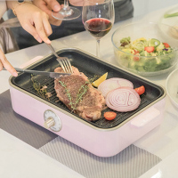 适盒A4BOX多功能料理锅烤肉电烤炉 网红小火锅烧烤蒸煮一体锅家用粉色五件套