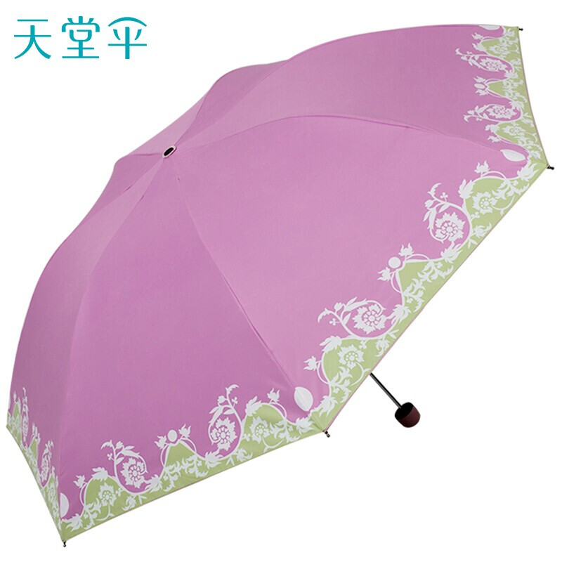 天堂伞 UPF50+亚光绒色胶丝印双色花三折铅笔晴雨伞太阳伞 30069ELCJ高清大图