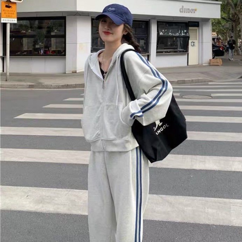休闲运动套装女外套新时尚洋气宽松显瘦卫衣跑步两件套潮 灰色两件套 L