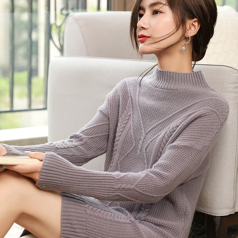 秋冬新款大码宽松保暖毛衣女针织打底衫100%羊绒衫中长款毛衣裙厚