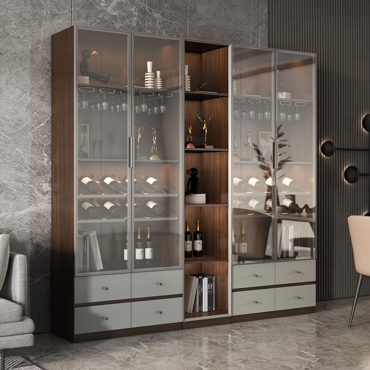 客厅酒柜轻奢储物柜现代简约转角红酒柜一体靠墙柜钢化玻璃展示柜参数