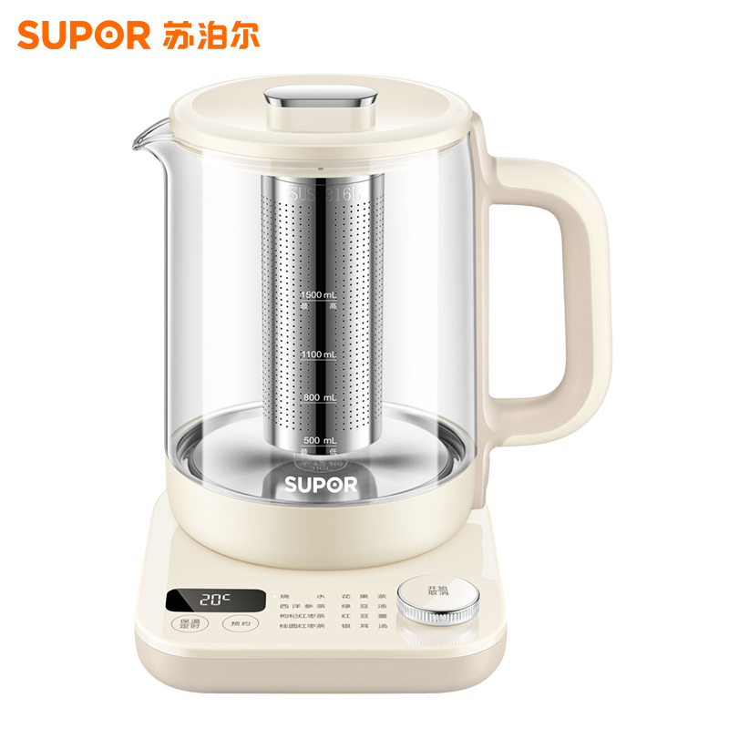 苏泊尔(SUPOR)养生壶1.5L大容量家用多功能高硼硅玻璃煮茶器不锈钢可拆卸茶篮电热水壶花茶壶 SW-15YT12