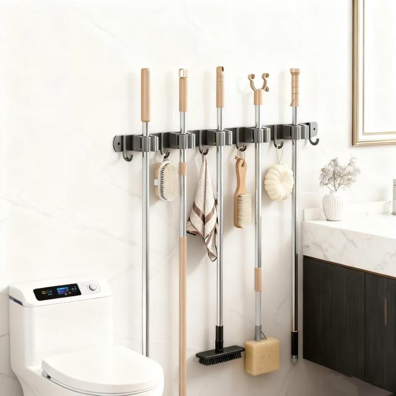 馨沛304不锈钢拖把挂钩[枪灰色/6钩5夹]扫把夹免打所拖把夹置物架高清大图