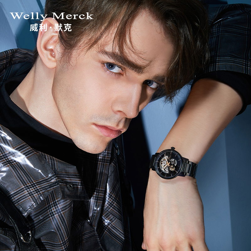 welly merck威利默克手表男新款自动机械表品牌正品防水时尚男表星球系列镂空腕表WM019M高清大图