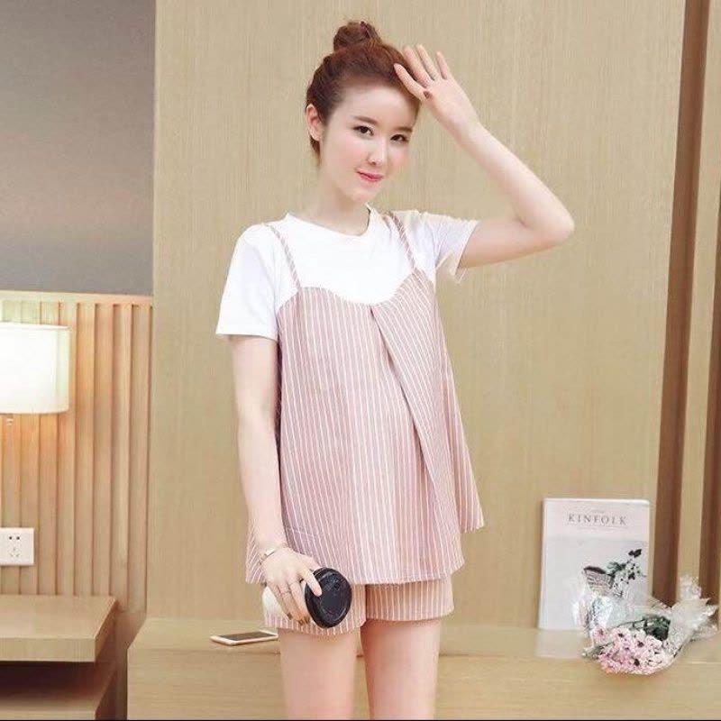 辞梅 孕妇套装条纹时尚孕妇装夏款百搭潮妈短袖假两件套图片