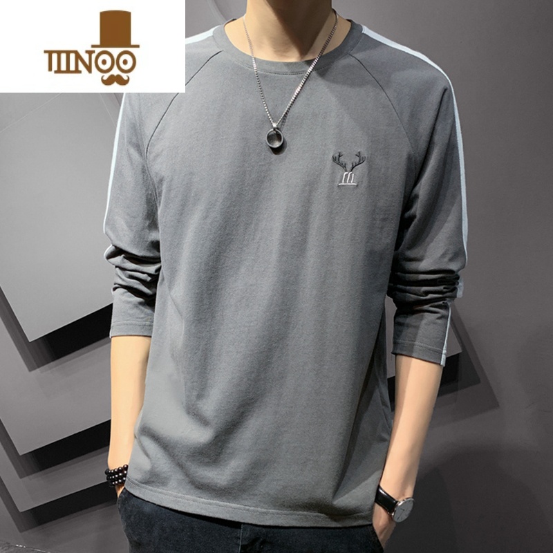 YANXUt恤男长袖潮牌春装打底衫男生简单款秋衣刺绣圆领体恤T高清大图