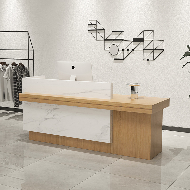 收银台柜台简约现代公司前台接待台服装店小型店铺美容院吧台桌子 爵士白+原木_300x60x100cm