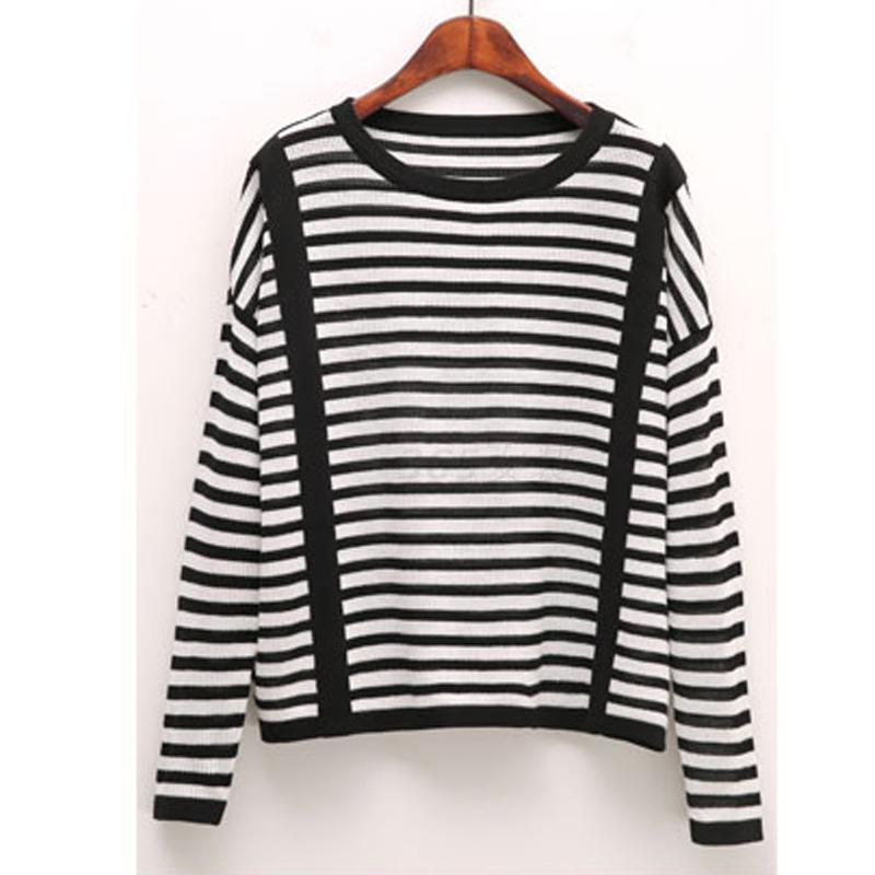 条纹针织衫女镂空长袖冰丝打底衫女宽松韩版秋冬学生上衣黑色黑白条纹