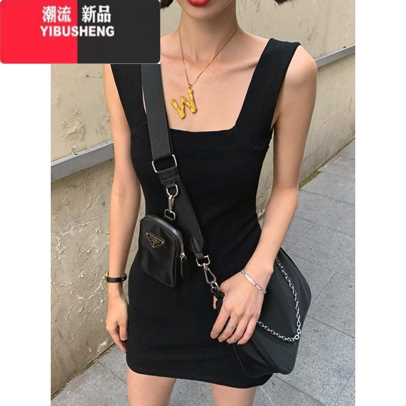 YIBUSHENG美式性感方领宽肩带弹力背心连衣裙女辣妹收腰显瘦无袖N女感显高清大图