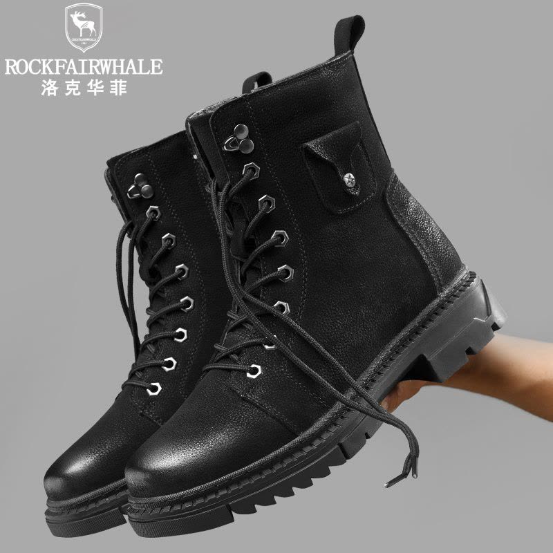 洛克华菲马丁靴冬季复古男鞋中帮英伦风工装靴加绒高帮真皮潮男黑色靴子图片