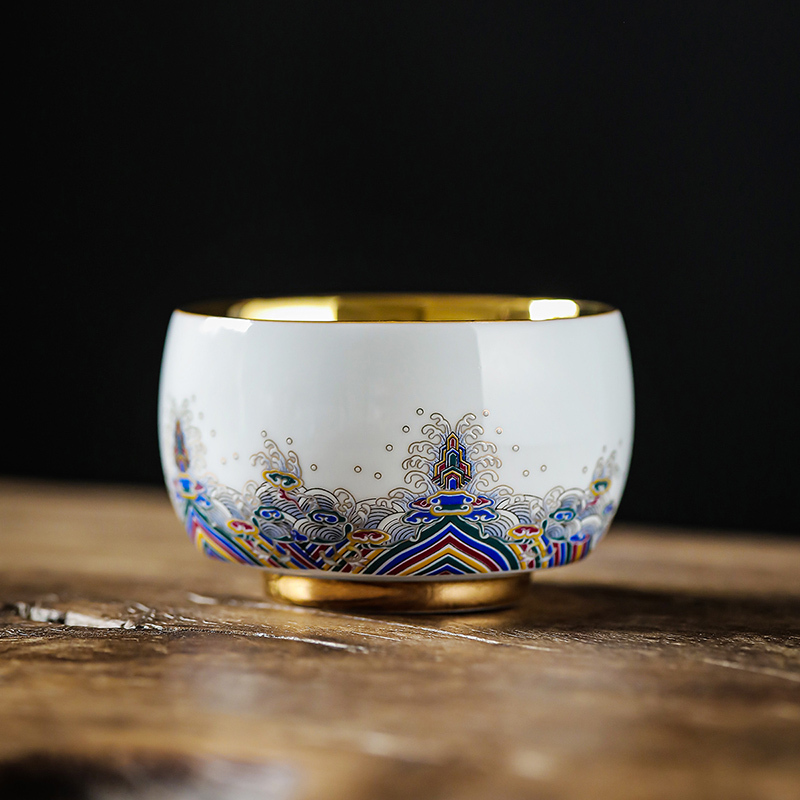 領藝 茶杯皇家御品鎏金主人杯品茗杯单个装禅定杯陶瓷功夫茶具白瓷中式国潮风礼品