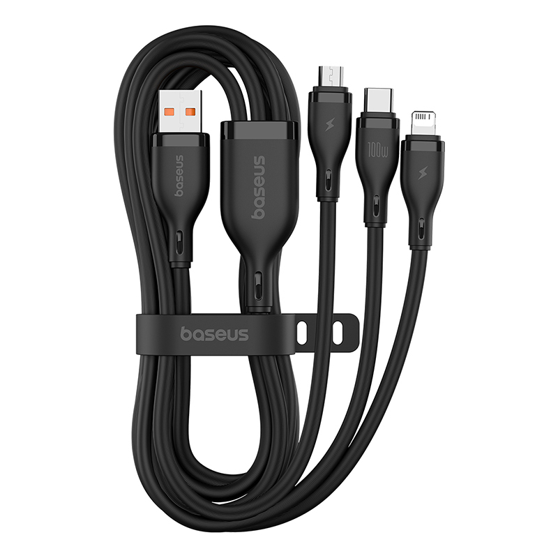 倍思 Q弹系列一拖三快充数据线USB to M+L+C 100W- 星耀黑高清大图