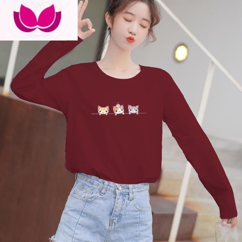 七斓学生长袖t恤女薄款秋装2022新款圆领宽松小衫打底衫内搭上衣图片