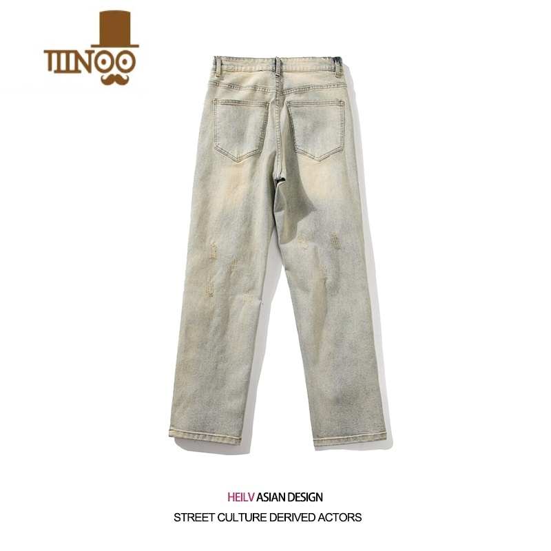 YANXU街头复古水洗破洞牛仔裤男款夏季新款百搭美式直筒裤百搭长裤高清大图