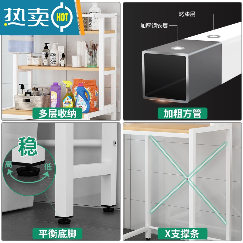 敬平洗衣机置物架翻盖上开浴室厕所卫生间滚筒落地马桶上方阳台收纳架 三层滚筒款-白架---黄木纹⭐热卖/带毛巾杆浴室置物架高清大图