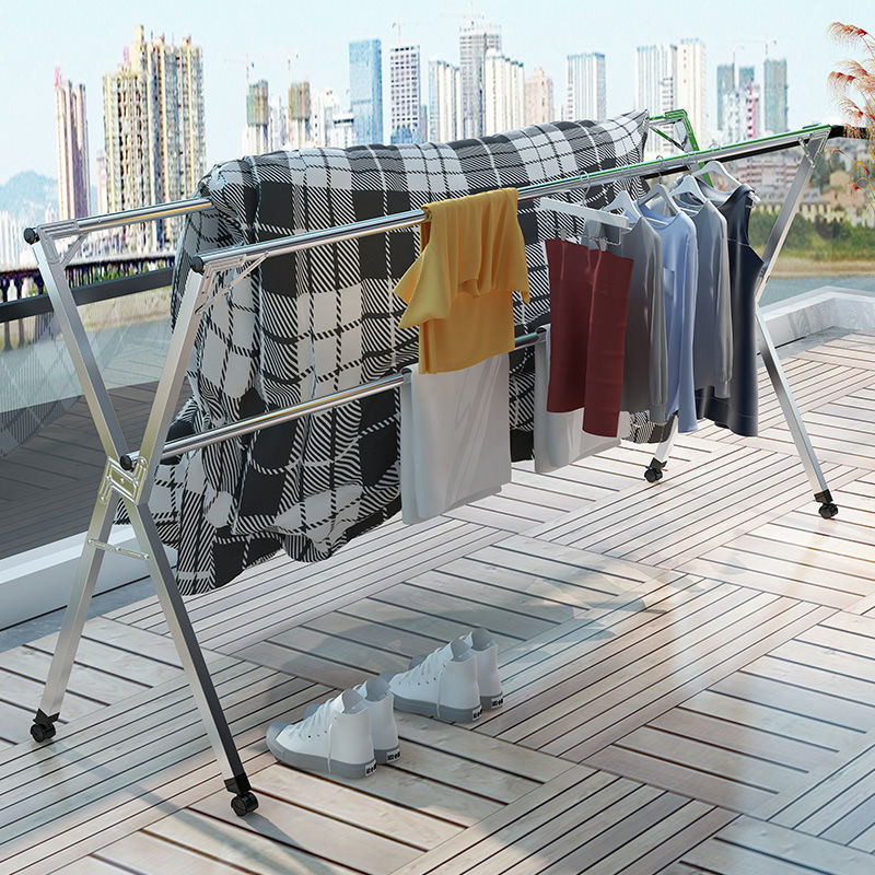 玺晴折叠晾衣架落地家用阳台晾衣服架子不锈钢室内可伸缩晾衣杆晒被子