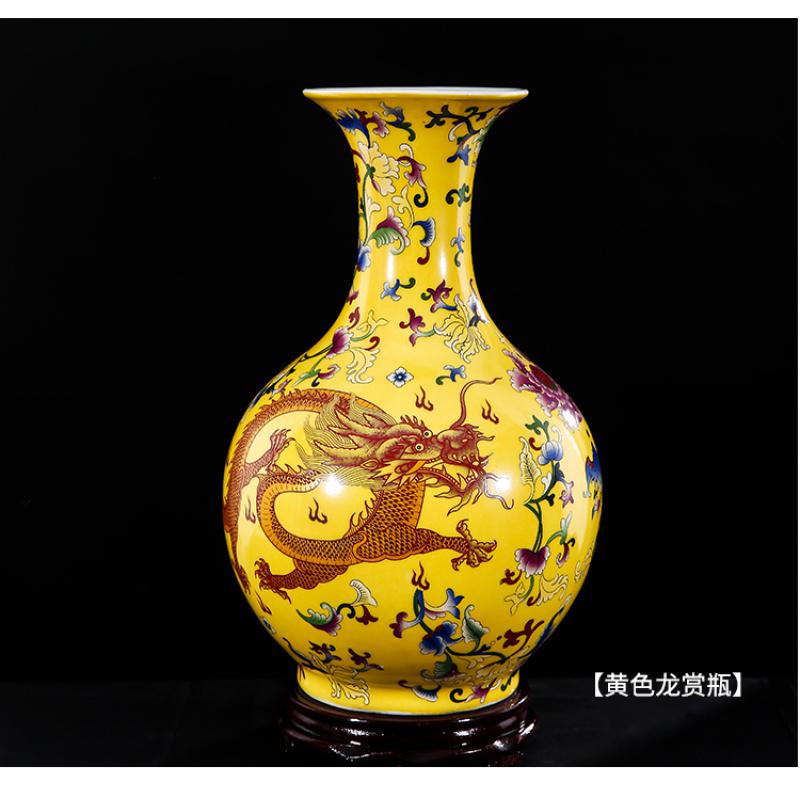 景德镇陶瓷器仿古瓷小花瓶中式客厅插花装饰品色龙纹博古架摆件 三维工匠 黄色赏瓶(高度35cm宽24cm)高清大图