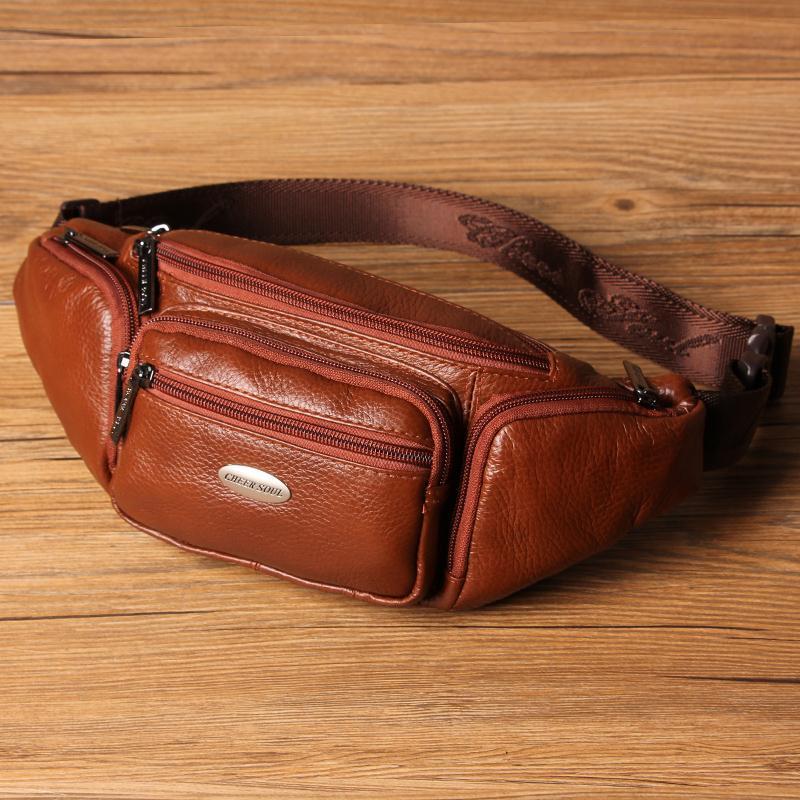 派尼美特腰包男士真皮胸包头层牛皮腰挎包运动跑步手机包中年腰包收银