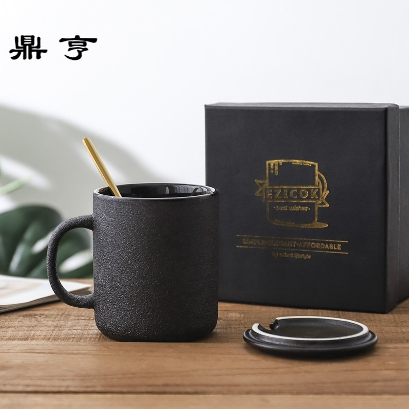 鼎亨咖啡杯带盖带勺磨砂水杯简约ins北欧杯子陶瓷马克杯男创意黑