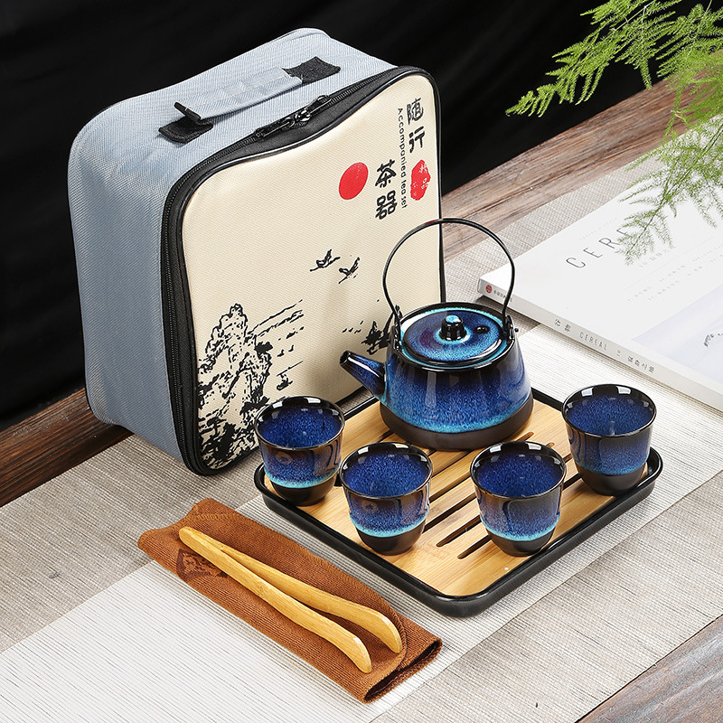华普思德化陶瓷功夫茶具套装茶壶茶杯礼盒装商务会议家用活动年会伴随礼 蓝色提梁壶套装高清大图