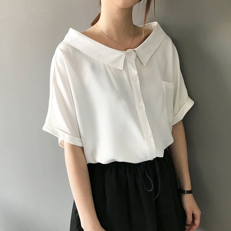 短袖雪纺衫女2018夏季韩版漏锁骨上衣宽松超仙小仙女娃娃衬衫