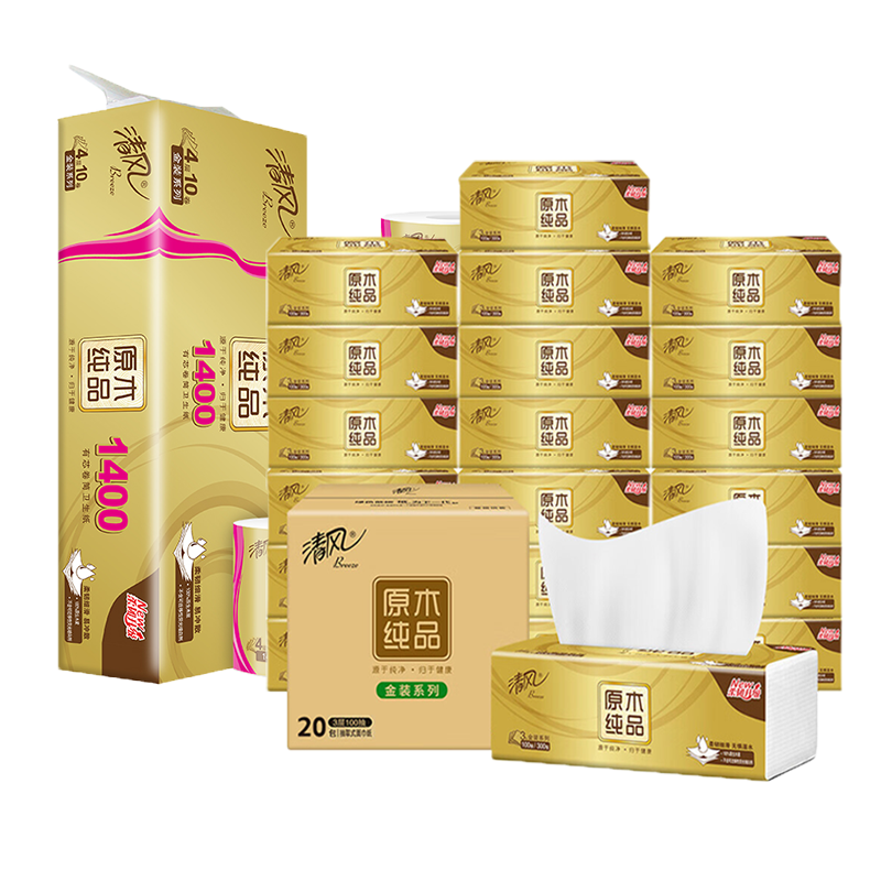清风 纸品组合5(抽纸M号3层 100抽*20包*/箱+卷纸4层140克/卷*10卷)