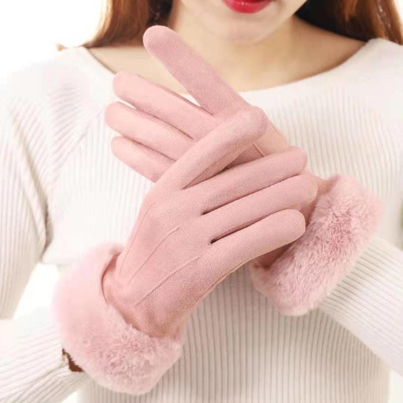 学生防风防水防寒触屏保暖加绒加厚户外骑开车手套女女士獭兔毛球款式