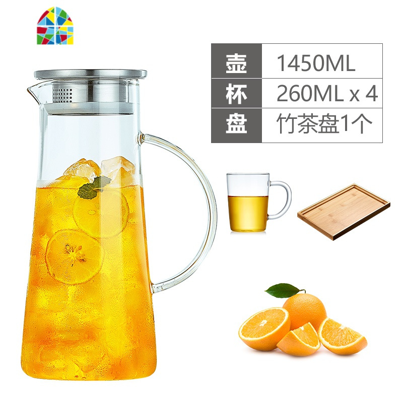 封后家用冷水壶高硼硅玻璃耐热高温晾凉白开水杯果汁扎壶防爆储水 FENGHO 1450ml单壶+4个带把杯(260m凉水壶